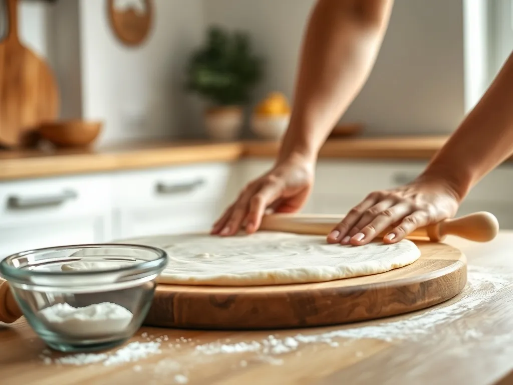 Dłonie rozciągają elastyczne ciasto na pizzę na drewnianej desce, obok mąka i wałek w przytulnej, jasnej kuchni.