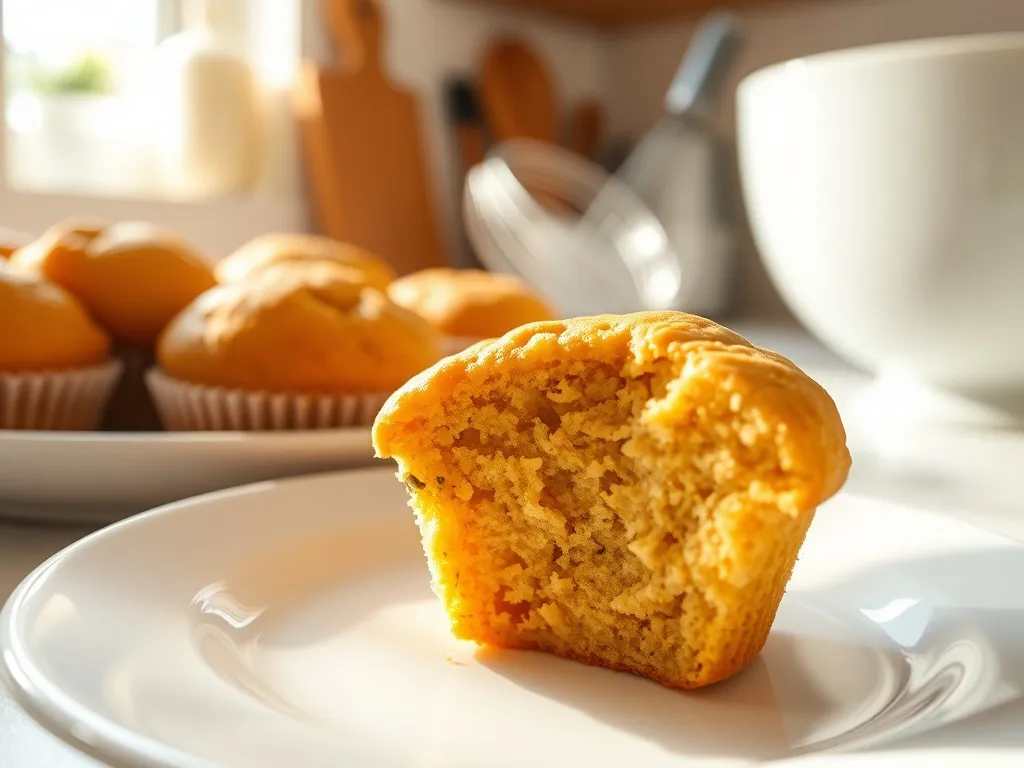 Zbliżenie wilgotnych, puszystych muffinek na białym talerzu, w tle rozmyta kuchnia z miską i trzepaczką.